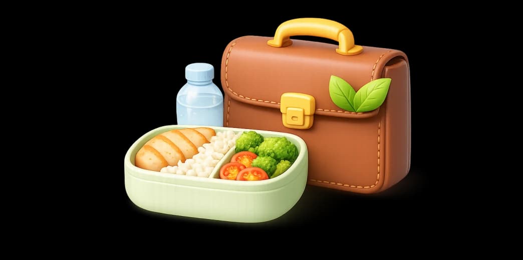 Briefcase, water bottle, and bento box with a balanced corporate lunch