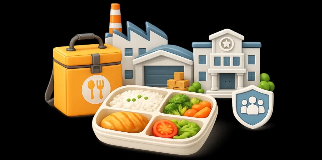 Delivery bag, factory, office building, and workforce catering icons