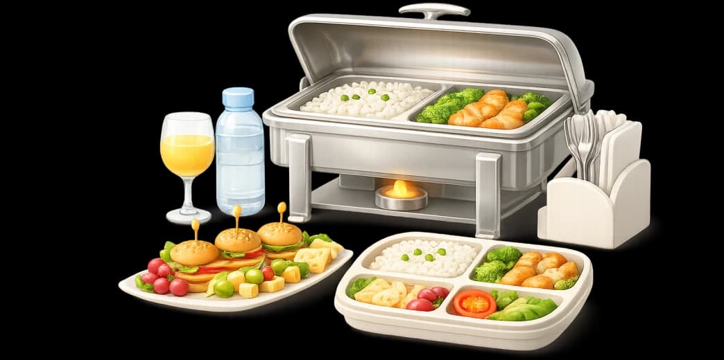 Buffet setup with chafing dish, sliders, juice, and catering essentials